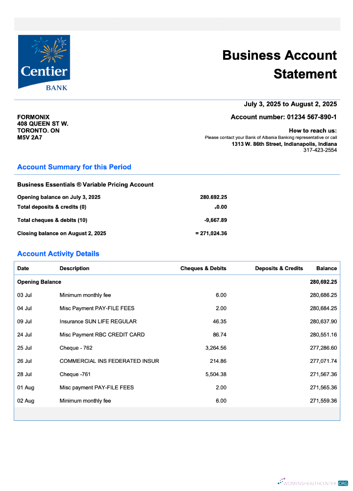 Download USA Indiana Centier firm account statement Word and PDF template Photoshop template